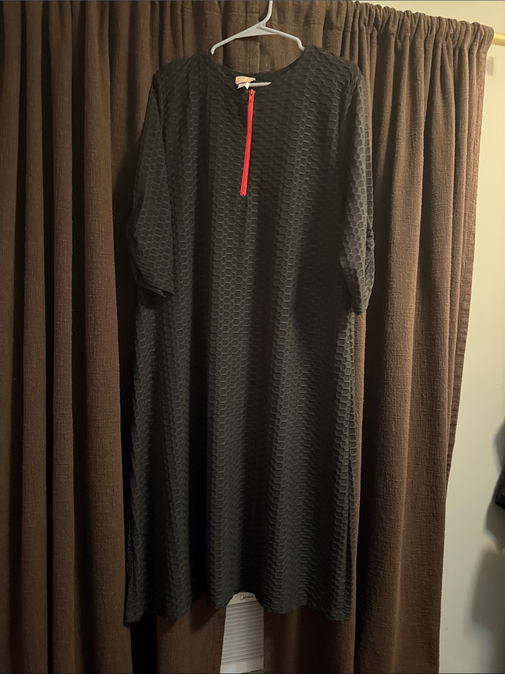 Women’s Long Sleeve Textured Black Dress with Red Zip Accent